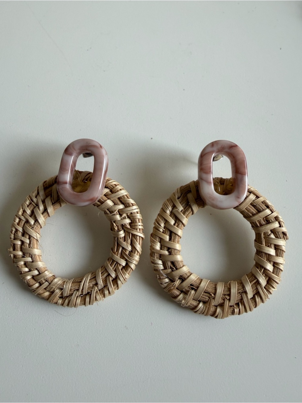 Woven Rattan Hoop Earrings with Pink Resin Accent